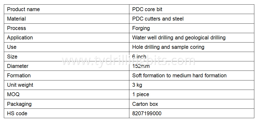 6 inch pdc core bit parameter